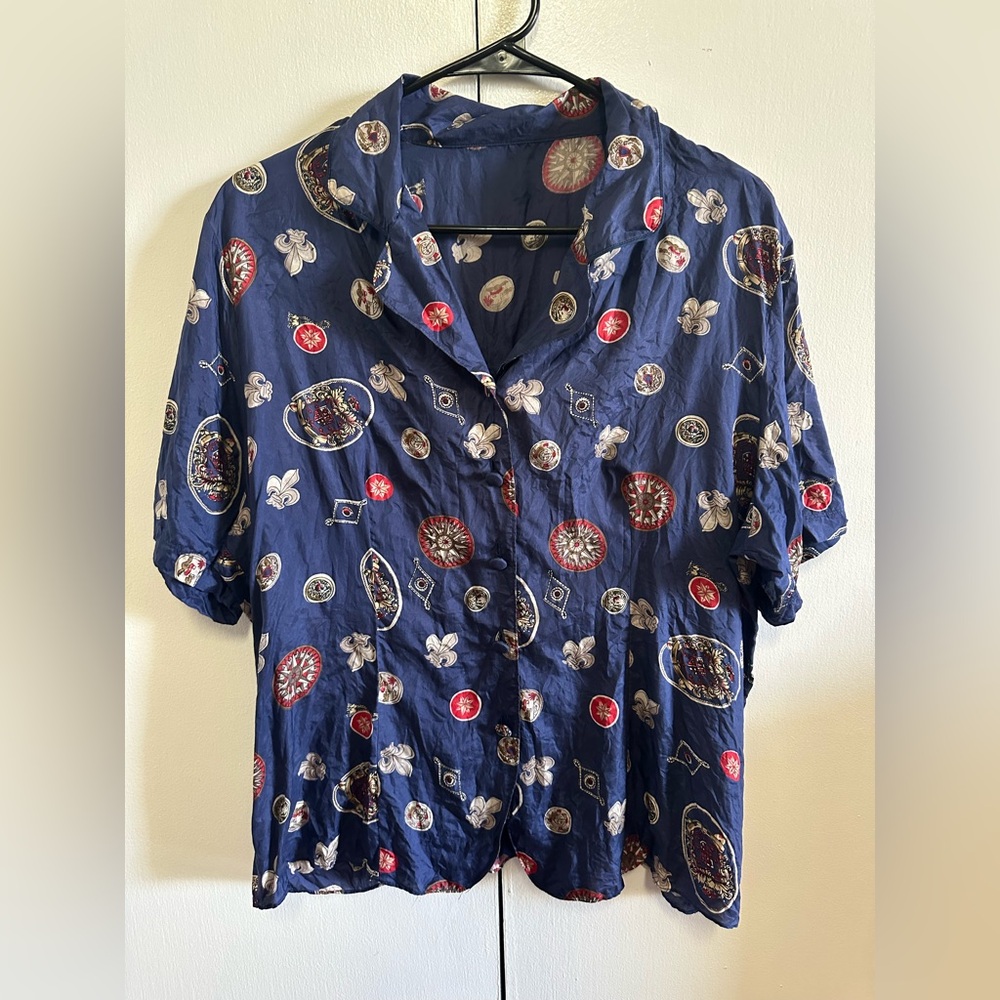 Boho Printed Button Down Blouse Navy Floral Medallion Pattern | Size L (Approx)